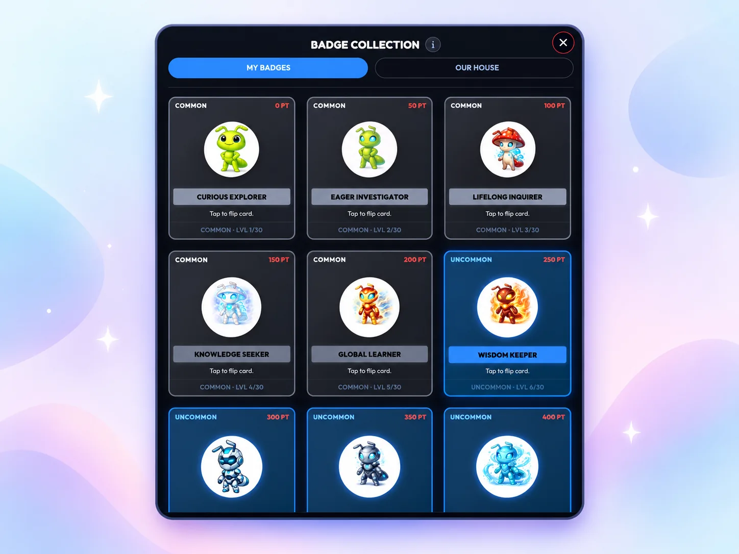 TrackEDU student badge collection with progressing ant characters
