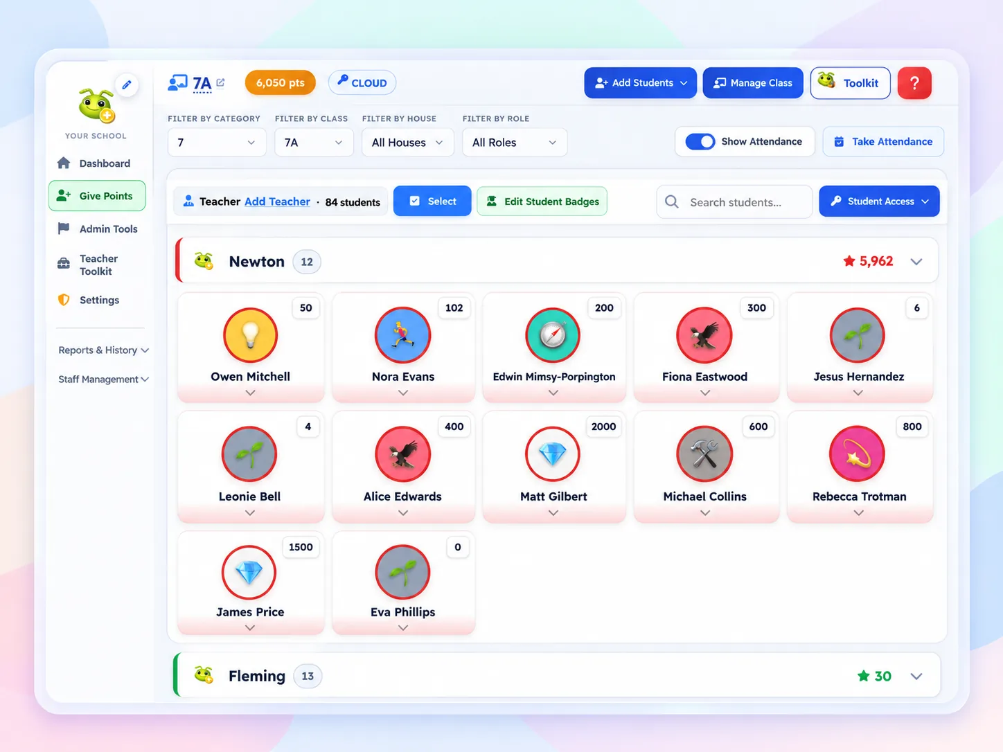 TrackEDU Student Management showing student cards, badges and points