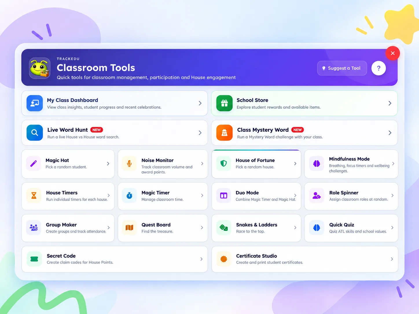 Classroom Tools, ready when you need them showing the real TrackEDU interface
