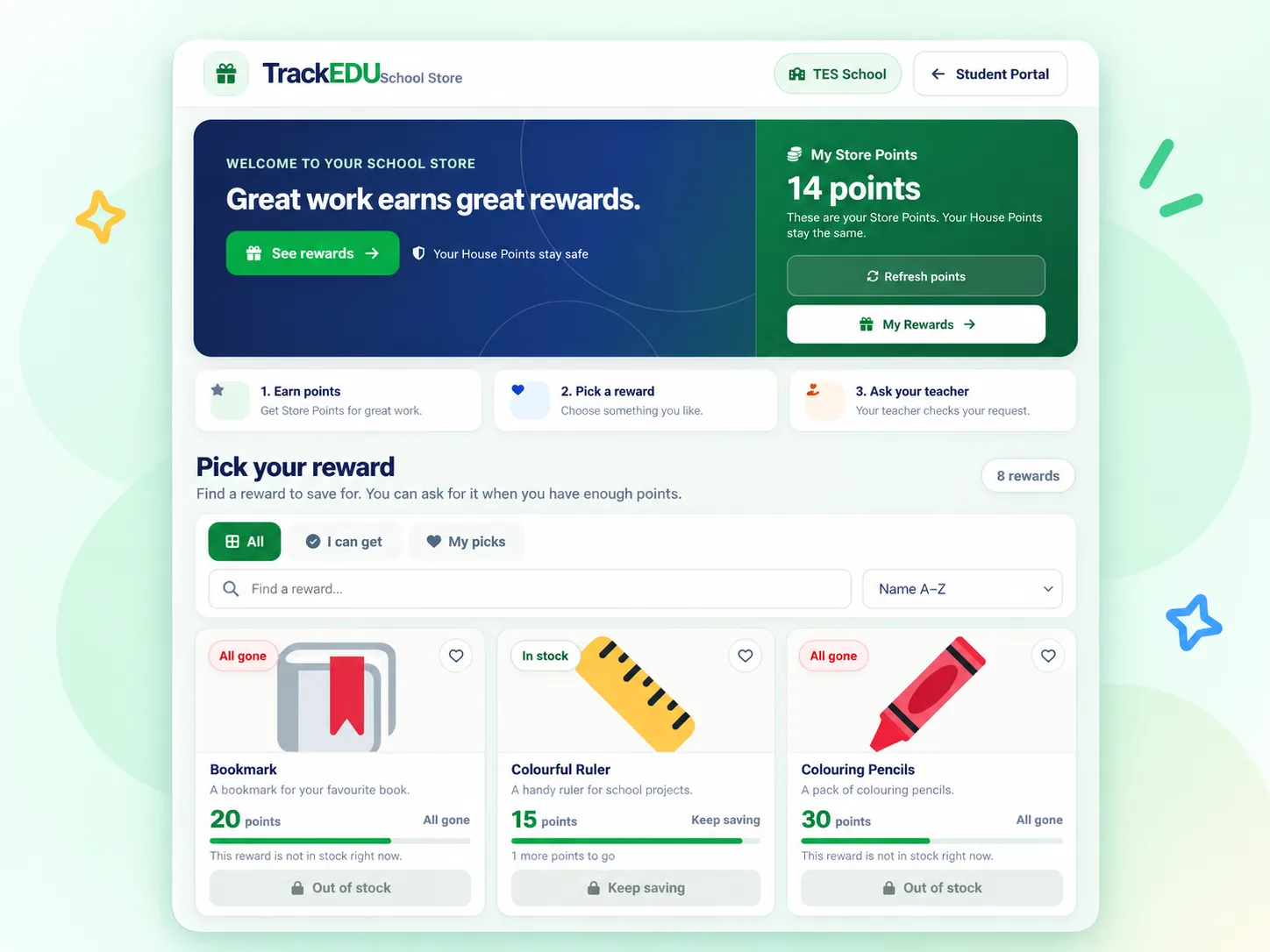 TrackEDU School Store with student rewards and Store Points